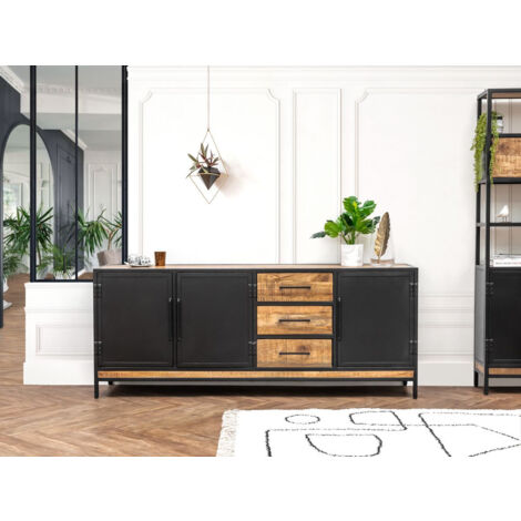 Bobochic – Buffet 3 portes 200 cm – Bois massif de manguier – Style industriel – 3 tiroirs – Largeur 45 cm – Hauteur 80 cm
