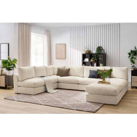 BOBOCHIC - Canapé d'angle fixe 100% modulable PARIS tissu bouclette 3 chauffeuses, 1 méridienne, 1 angle, 1 pouf Beige (1/5)