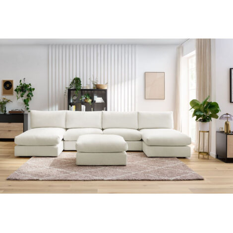 BOBOCHIC - Canapé panoramique fixe 100% modulable PARIS tissu bouclette avec 2 chauffeuses, 2 méridiennes, 1 pouf Panoramique Blanc (1/5)