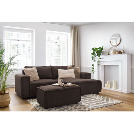 BOBOCHIC - Canapé d'angle fixe compact NIHAD velours côtelé avec pouf Angle droit Marron (1/5)