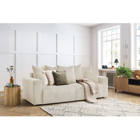 Bobochic – Canapé droit 3 places fixe en velours côtelé beige – Confort ferme – Longueur 240cm – Style bord de mer – Fabrication artisanale Europe (1/5)