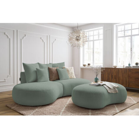 BOBOCHIC - Canapé droit fixe 3 places SAINT-GERMAIN tissu bouclette avec pouf   Vert (1/5)