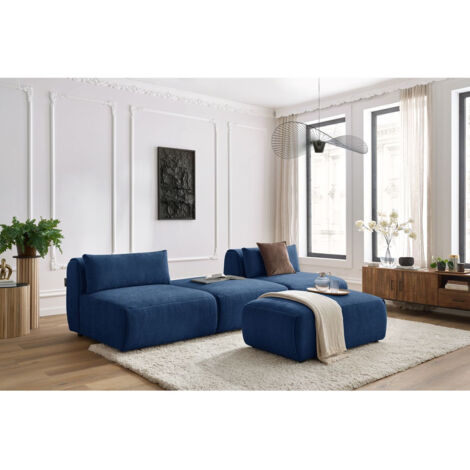 BOBOCHIC - Canapé droit fixe 3 places JEANNE avec pouf tissu texturé   Bleu foncé (1/5)