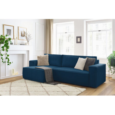 BOBOCHIC - Canapé d'angle réversible convertible coffre NIHAD velours côtelé   Bleu foncé (1/5)