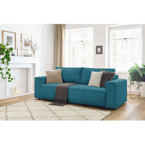 Bobochic – Canapé droit fixe 3 places – Velours côtelé bleu foncé – Assise ferme – Longueur 242 cm – Style vintage – Fabrication Europe (1/5)