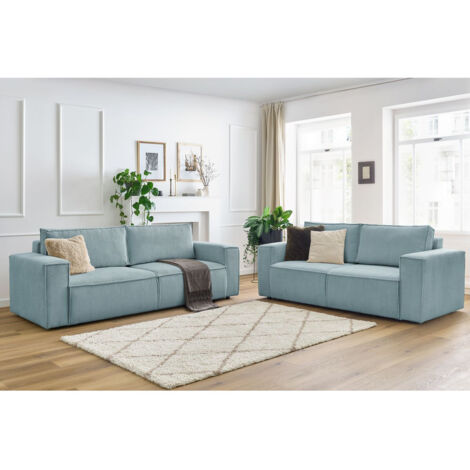 BOBOCHIC - Ensemble canapé droit fixe 3 + 2 places NIHAD velours côtelé   Bleu clair (1/5)