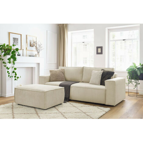 Bobochic – Canapé droit convertible NIHAD 4 places – Coffre de rangement – Velours côtelé beige – Couchage 190x152 cm – Style vintage (1/5)