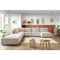 Bobochic – Canapé panoramique modulable 5 places – Tissu velours côtelé – 3 chauffeuses, 1 angle, 1 méridienne, 2 poufs – Style vintage beige