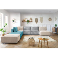 Bobochic – Canapé panoramique modulable 5 places – Tissu velours côtelé – 3 chauffeuses, 1 angle, 1 méridienne, 2 poufs – Style vintage