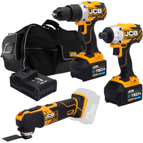 JCB 18V B/L Combi Drill B/L Impact Driver Multi Tool Kit 2x 5.0ah Lithium-Ion Batteries and super fast charger in 26" wheeled kit bag (1/5)
