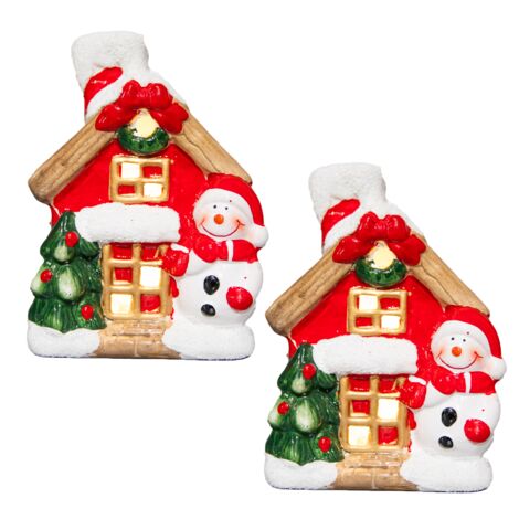 2Pcs Snowman Christmas Resin House Light Up Battery Operated (1/3)
