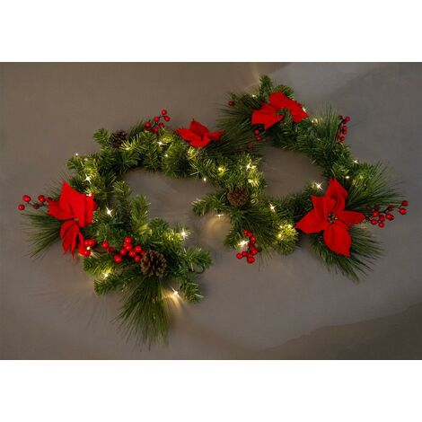 2m B/O Pre lit Red Poinsettia Garland with 50 WW Leds (1/4)