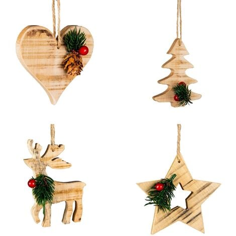 8Pcs Wooden Craft Assorted Shapes - Heart,Tree,Star,Reindeer - Christmas Tree Hanging Decorations