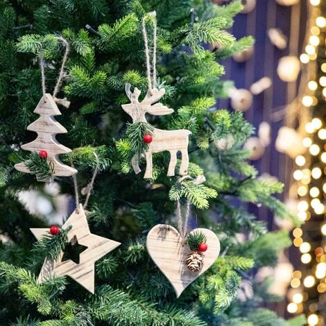 8Pcs Wooden Craft Assorted Shapes - Heart,Tree,Star,Reindeer - Christmas Tree Hanging Decorations