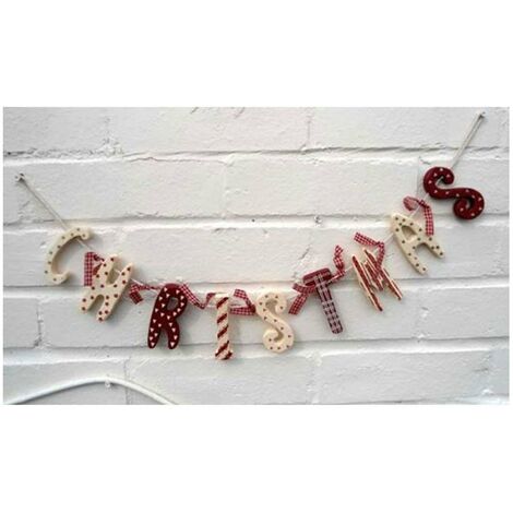 70cm Vintage Country Style Tartan Red & Cream Wooden Christmas Garland Banner Gingham Ribbon Hanging Xmas Decorations (1/4)