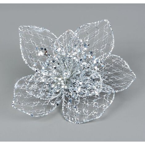20cm Silver Net Poinsettia Poinsettia Flower - Christmas Tree Decoration