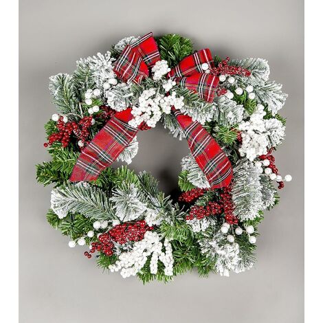 60cm B/O Pre lit Frosted /Tartan Ribbon Wreath with 50 WW LEDs (1/4)
