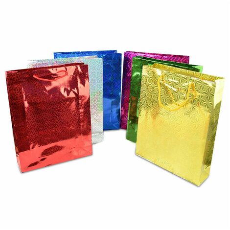 12 Assorted Colours Holographic Gift Bags Small Size Christmas Birthday Wedding Favour Present Bags All Occasions (1/5)