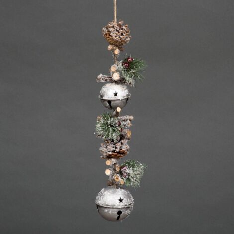 Garland with Silver Jingle Bells Wooden Sticks, Berries and Pinecones Hanger Sleigh Bells Hanging Decorations,50cm (1/4)