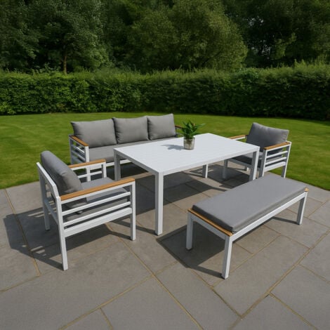 Aluminium Frame Outdoor Sofa Set - 5-Piece Garden Lounge Set with Bench, Table & Cushioned Sofas - Modern Patio Furniture