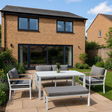 Aluminium Frame Outdoor Sofa Set - 5-Piece Garden Lounge Set with Bench, Table & Cushioned Sofas - Modern Patio Furniture