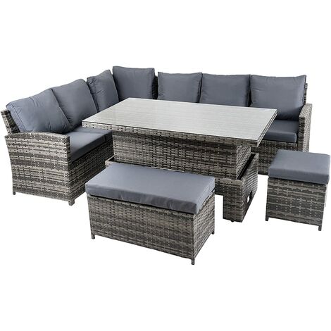 9 Seater Corner Sofa Set Grey Rattan 6 Seat Sofa, Table, 3 Stools For Indoor Outdoor Garden Furniture Patio Conservatory