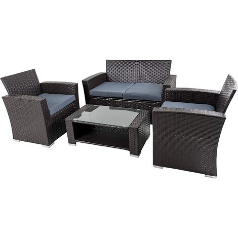 4 Seater Wicker Set of Dark Brown Rattan 2 Seat Sofa, Table, 2 Chairs For Indoor Outdoor Garden Furniture Patio Conservatory