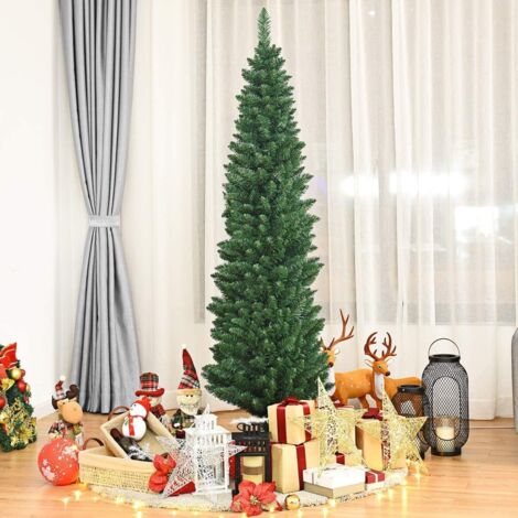 8FT Green Artificial Flocked Slim Christmas Pencil Tree Holiday Home Decorations with Pointed Tips and Metal Stand