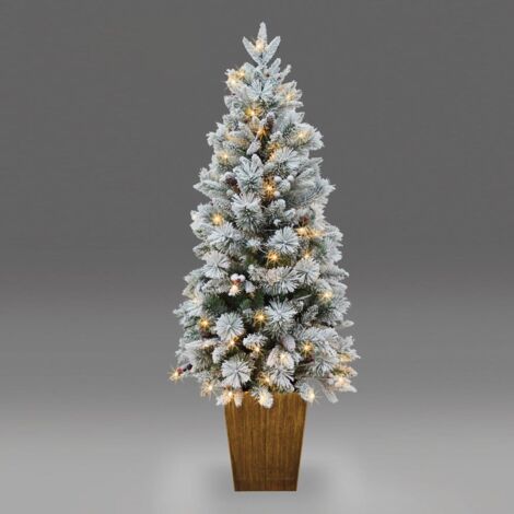 Pre Lit Potted Snow Flocked Christmas Tree with Pine Cones and Red Berries Snowy Tips 80-100 Warm White LED Lights (1/5)