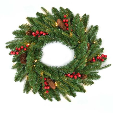 Shatchi 55cm Christmas Wreath Pre Lit with Berries Pine Cones Christmas Decorations 11001 (1/3)