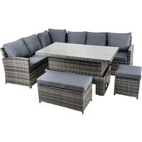 9 Seater Corner Sofa Set Grey Rattan 7 Seat Sofa, Table, Large Stool, Small Stool For Indoor Outdoor Garden Furniture Patio Conservatory