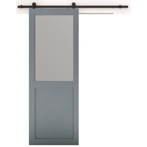 Porte Coulissante Athena Ral7035 Vitrée H204 X L73 + Rail À Roulettes Noir (1/5)
