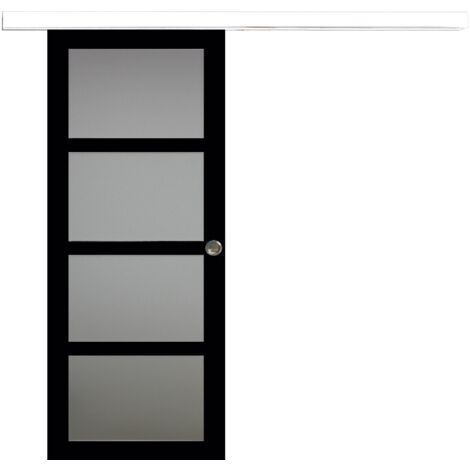Porte Coulissante Telia Noir Vitrée H204 X L73 + Rail Alu Bandeau Blanc Et 2 Coquilles (1/5)