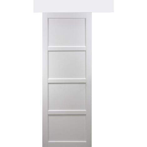 Ensemble Porte coulissante interieur avec rail AGRA IV - Blanc mat + blanc  mat + Poignée d'argent - 90x204cm Soft-Close