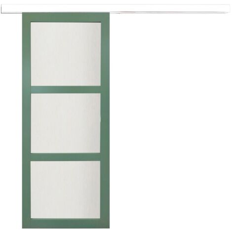 Porte Coulissante Vert Ral 6021 Vitree H204 x L83 + rail bandeau blanc (1/5)