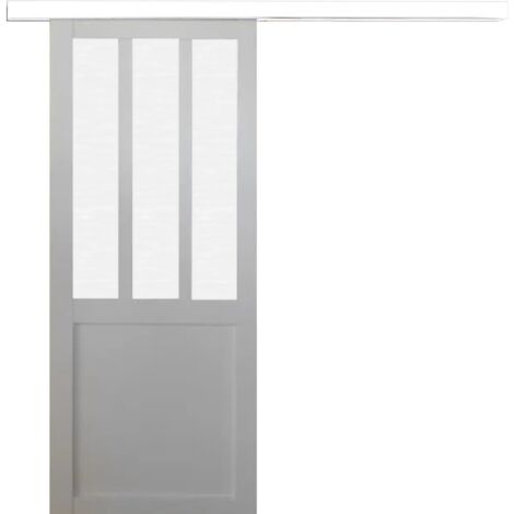 Porte Coulissante Atelier Blanc Vitre Depoli H204 X L73 + Rail Alu Bandeau Blanc (1/5)
