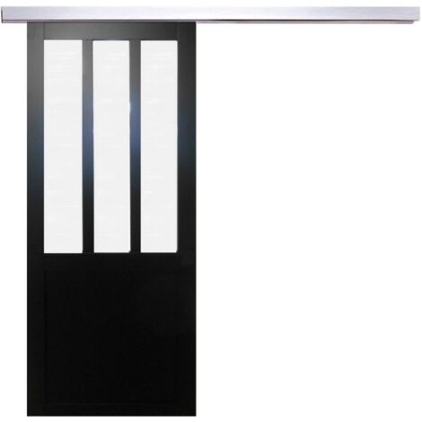 Porte Coulissante Atelier Noir Vitre Depoli H204 X L83 + Rail Alu (1/5)