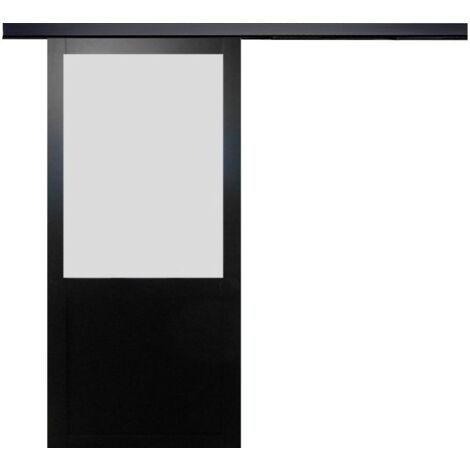 Porte Coulissante Athena Noir Vitree H204 X L73 + Rail Alu Bandeau Noir (1/5)