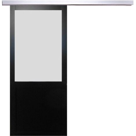 Porte Coulissante Athena Noir Vitree H204 X L83 + Rail Alu (1/5)