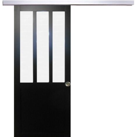 Porte Coulissante Atelier Noir Vitre Depoli H204 X L73 + Rail Alu Et 2 Coquilles (1/5)