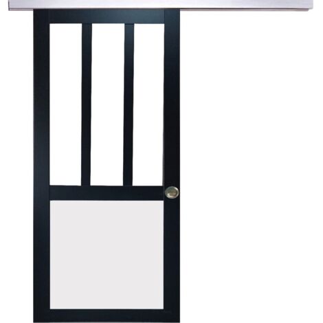 Porte Coulissante Atelier noir et panneau blanc Vitree H204 x L73 + Rail Alu et 2 Coquilles (1/5)