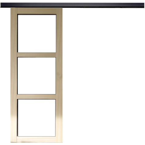 Porte Coulissante Bois Ayous Vitrage Transparent H204 X L73 + Rail Alu Bandeau Noir (1/5)