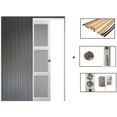 Porte Coulissante Kenya Blanc Vitrée H204 X L93 + Systeme Galandage Et Kit Finition Inclus (1/5)