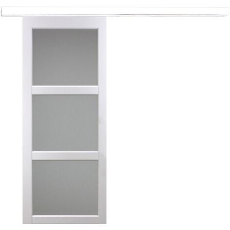 Porte Coulissante Kenya Blanc Vitree H204 X L93 + Rail Aluminium Bandeau Blanc