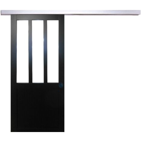 Porte Coulissante Atelier Noir H204 X L73 + Rail Alu Et 2 Coquilles Noir (1/5)