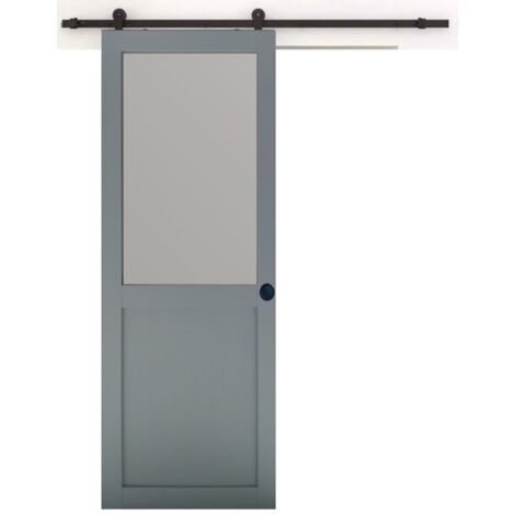 Porte Coulissante Athena Ral7035 Vitrée H204 X L73 + Rail À Roulettes Noir Et 2 Coquilles Noir (1/5)