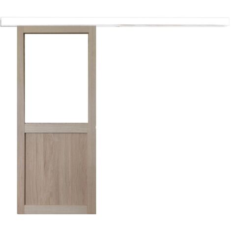 Porte Coulissante Atelier placage chene Vitree H204 x L83 + Rail Aluminium bandeau blanc (1/5)