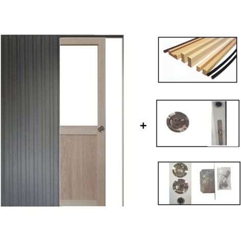 Porte Coulissante Atelier placage chene Vitree H204 x L73 + SYSTEME Galandage et kit finition inclus (1/5)