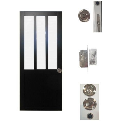 Porte Coulissante Atelier Noir Vitre Depoli H204 X L73 + Serrure a Condamnation (1/4)