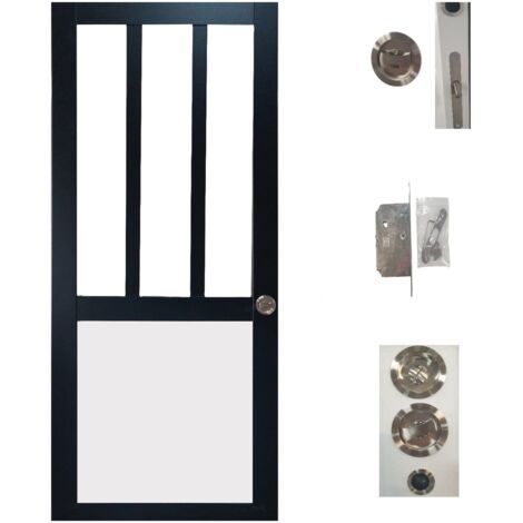 Porte Coulissante Atelier noir et panneau blanc Vitree H204 x L83 + serrure à condamnation (1/4)